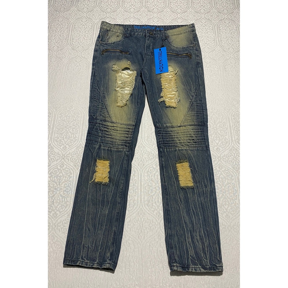 Trillnation Distressed Ripped Biker Jeans Mens Size 36x32 Blue Denim‎